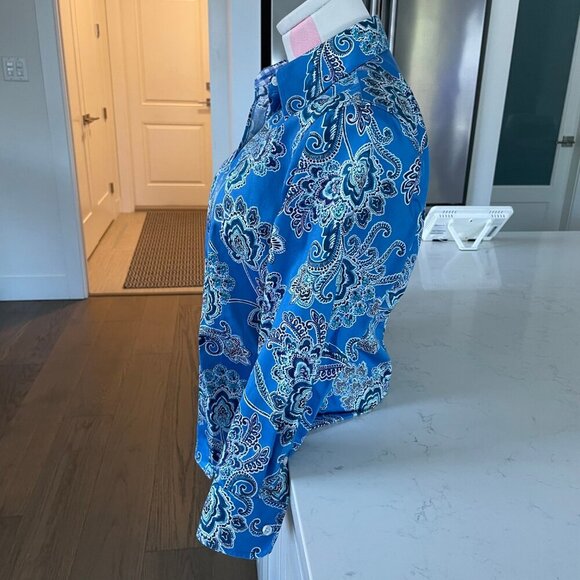Chaps No Iron 3/4 Slv Button Down 100% Cotton Paisley Shirt Blue White Sz S - Picture 2 of 12